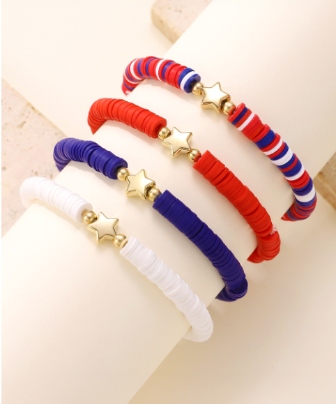 Racing Red American Flag Theme Star Beaded Layered Bracelet