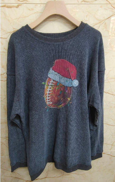 Christmas Baseball Cap Santa Ribbed Crew Neck Pullover Sweatshirt