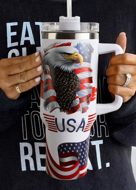 White USA Flag Eagle Print Handle Large Tumbler 40OZ