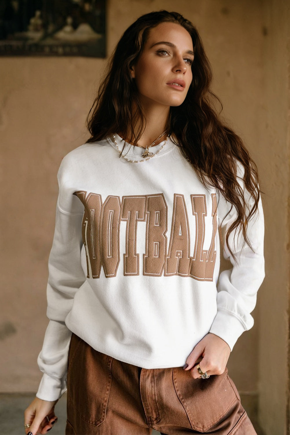 White FOOTBALL 3D Letter Graphic Crew Neck Sweatshirt