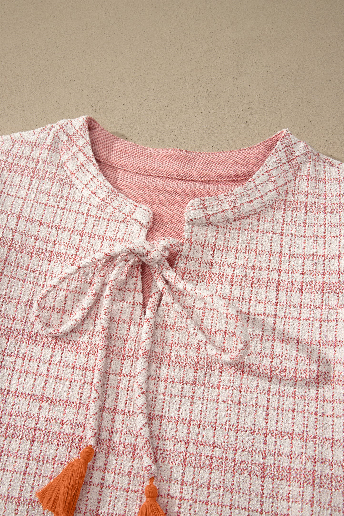 White Jacquard Textured Contrast Trim Short Sleeve Tassel Tie Shift Dress