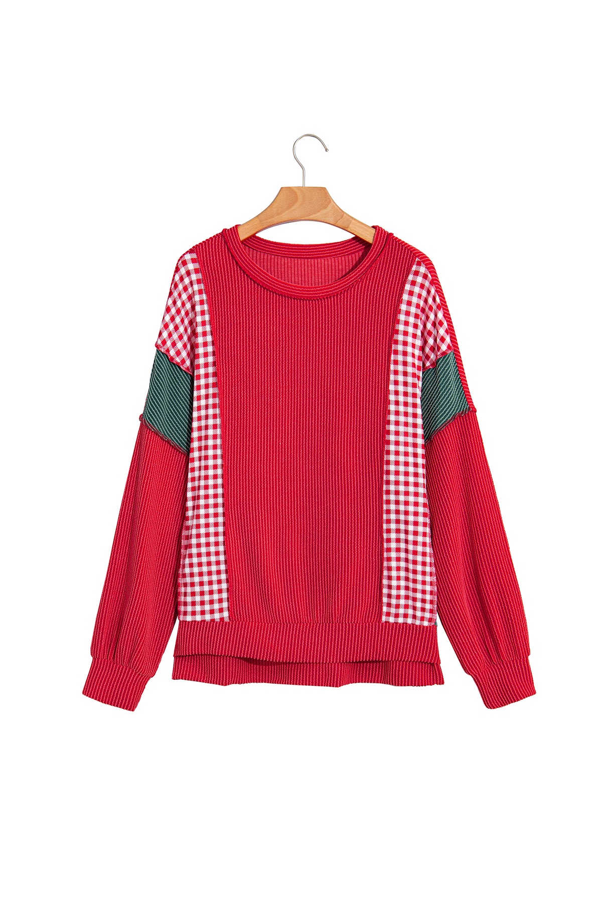 Fiery Red Patchwork Plaid Colorblock Twist Rib Round Neck Long Sleeve Top