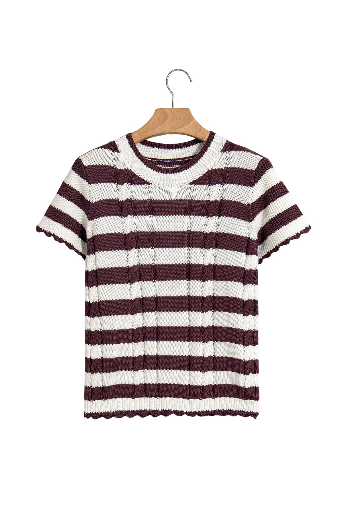 Brown Stripe Ribbed Knit Cable Detail Short Sleeve Sweater