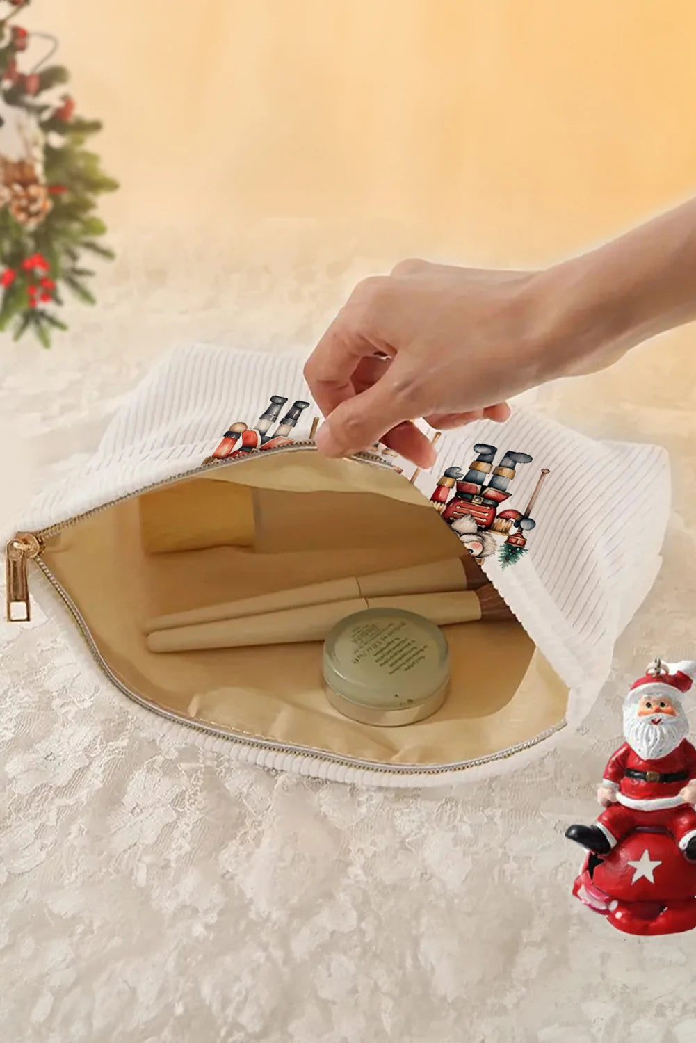 Pink Christmas Fashion Print Corduroy Zip Up Cosmetic Bag