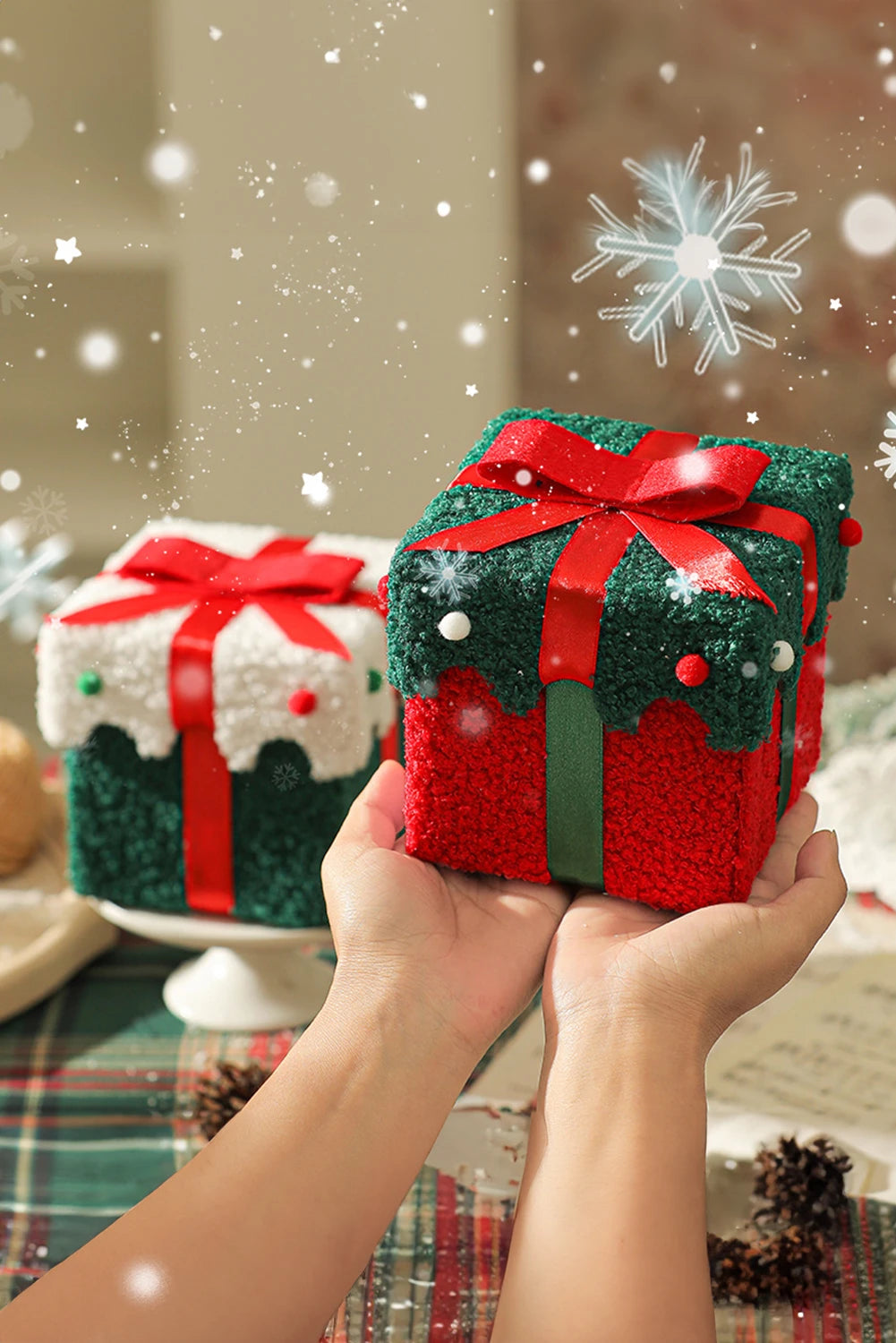 Fiery Red Bow Knot Pompom Detail Plush Christmas Gift Box