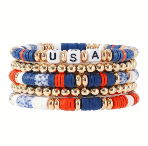 Multicolour 5pcs USA Independence Day Beaded Bracelet Set