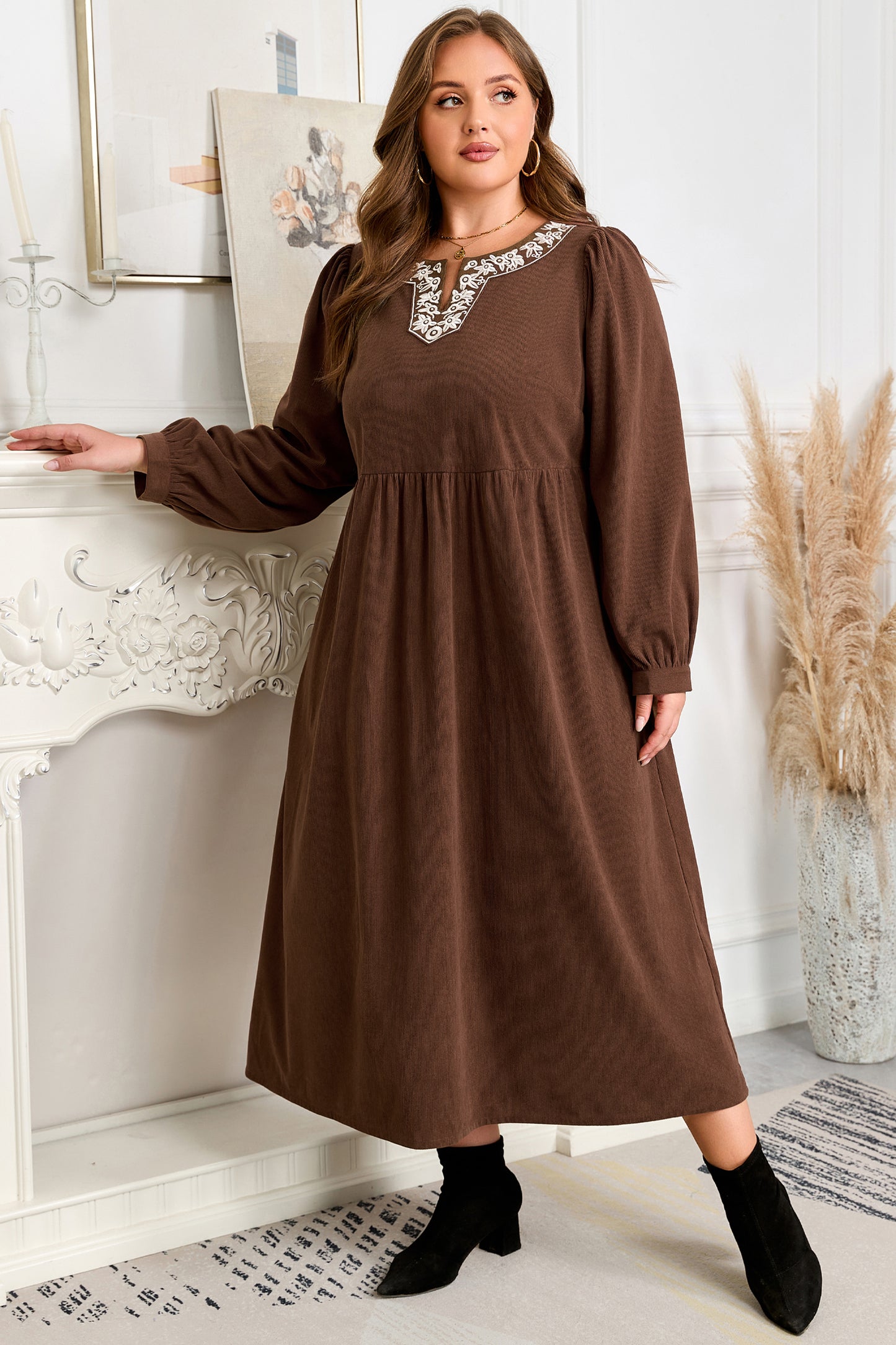 Coffee Embroidered Notched Neckline Textured Pleated High Waist Plus Size Midi Dress
