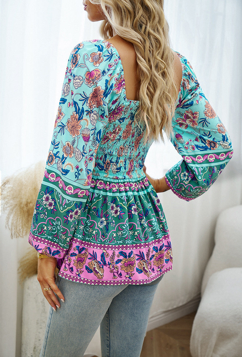 Green Square Neck Off-Shoulder Bohemia Long-Sleeved Top
