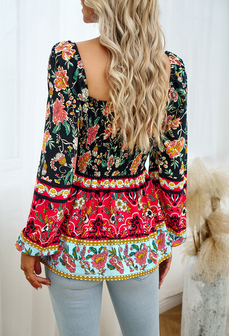 Black Square Neck Off-Shoulder Bohemia Long-Sleeved Top