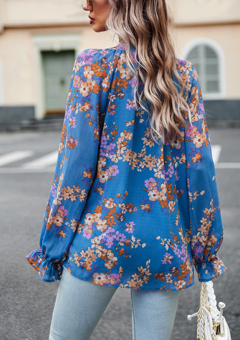 Blue Floral Print V-Neck Long-Sleeved Loose Shirt Top