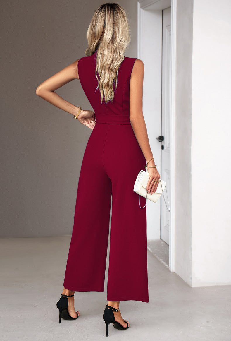 Wine Red Casual Loose Vest Sleeveless V-Neck Jumpsuit
