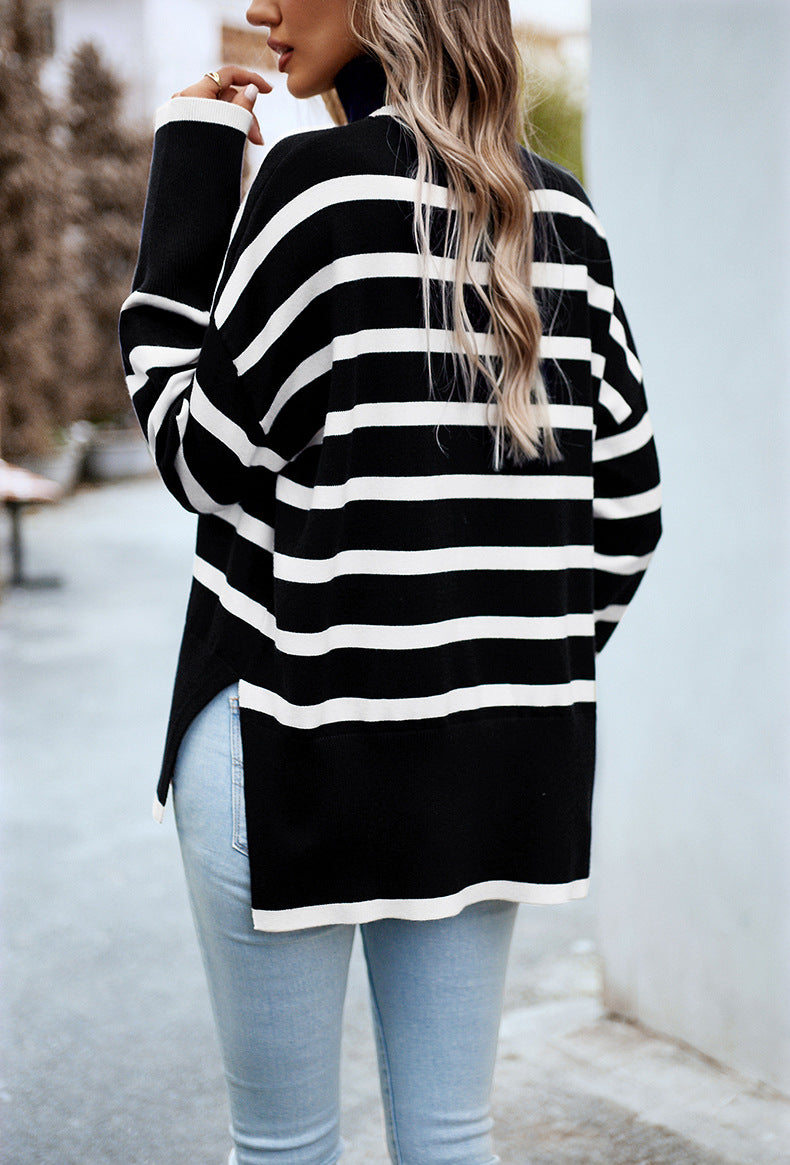 Black Turtleneck Striped Long Sleeve Knitted Pullover