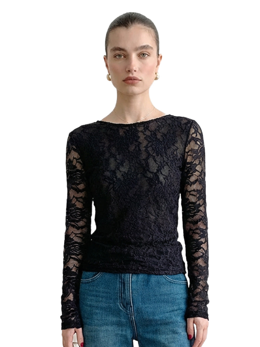 Women's Sheer Blouse Lace Long Sleeve Fitted U Neck Top