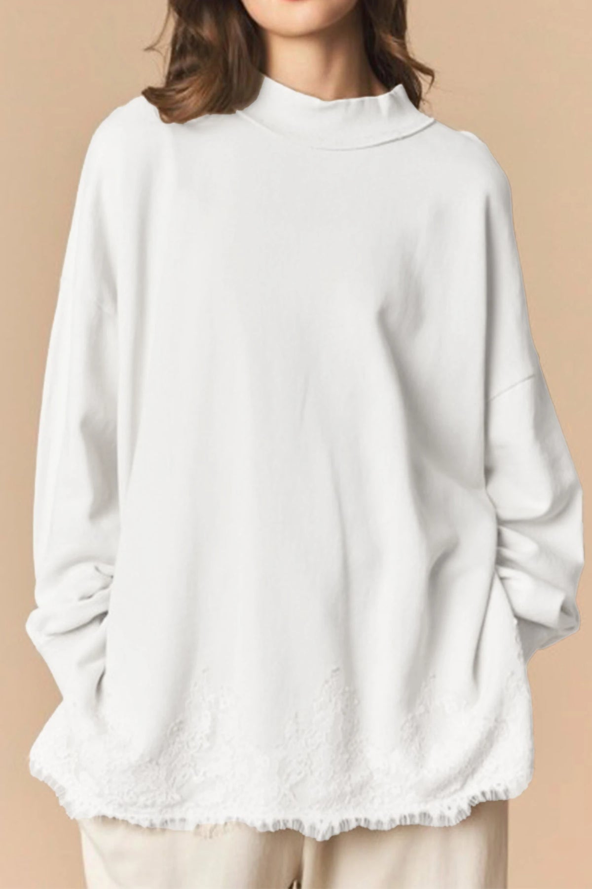 Racing Red Solid Color Lace Splicing Hem Mock Neck Pullover Sweatshirt