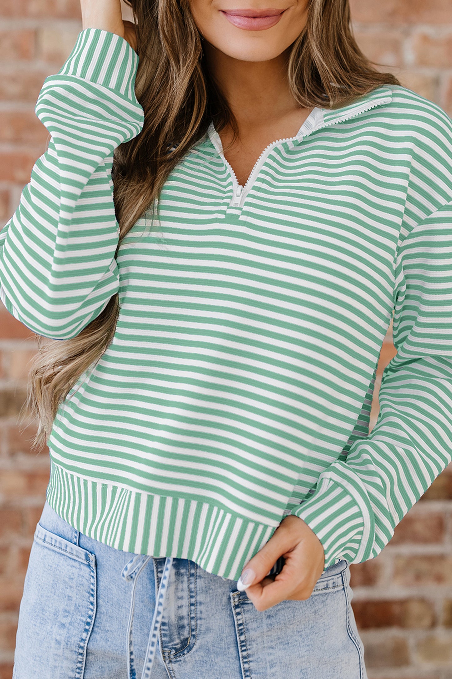 Blue Stripe Quarter Zip Collar Pullover Long Sleeve Top