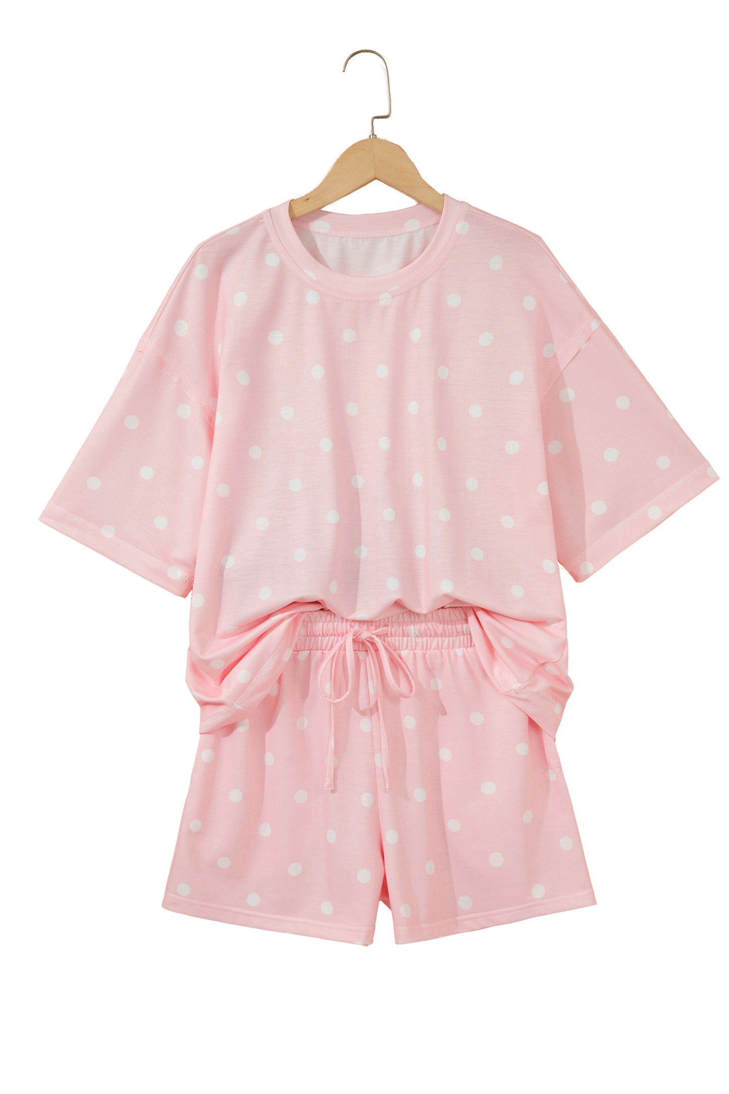 White Exposed Seam Detail Polka Dot Loose Tee Drawstring Shorts Set