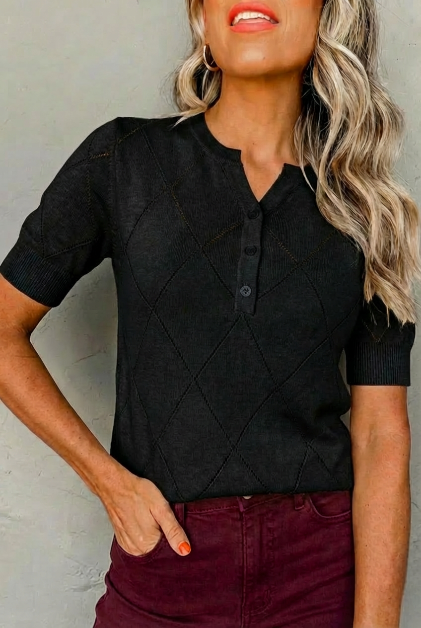 Beige Argyle Knit Henley Short Sleeve Sweater Top