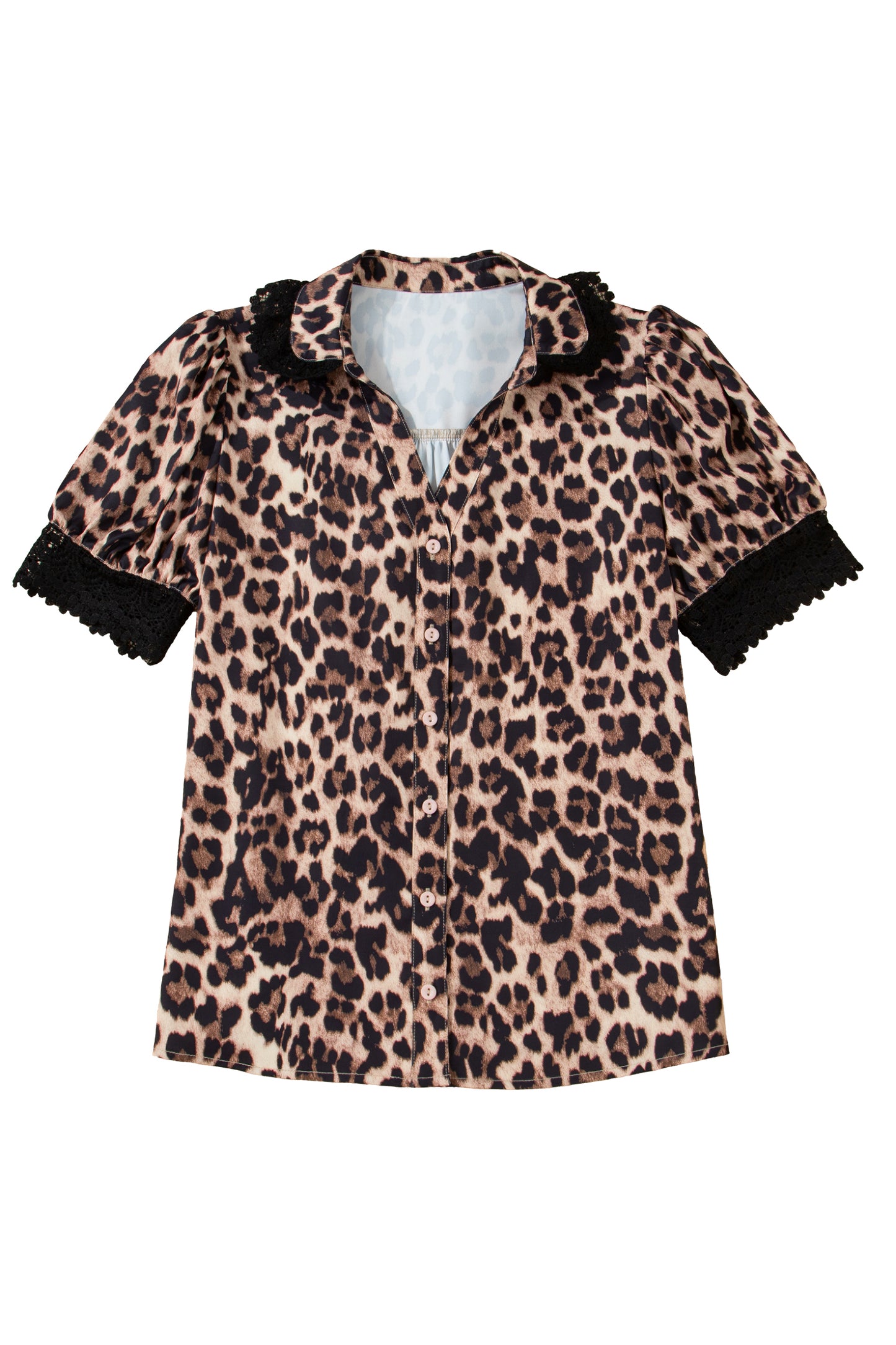 Brown Leopard Print Button Down Lace Trim Short Sleeve Shirt
