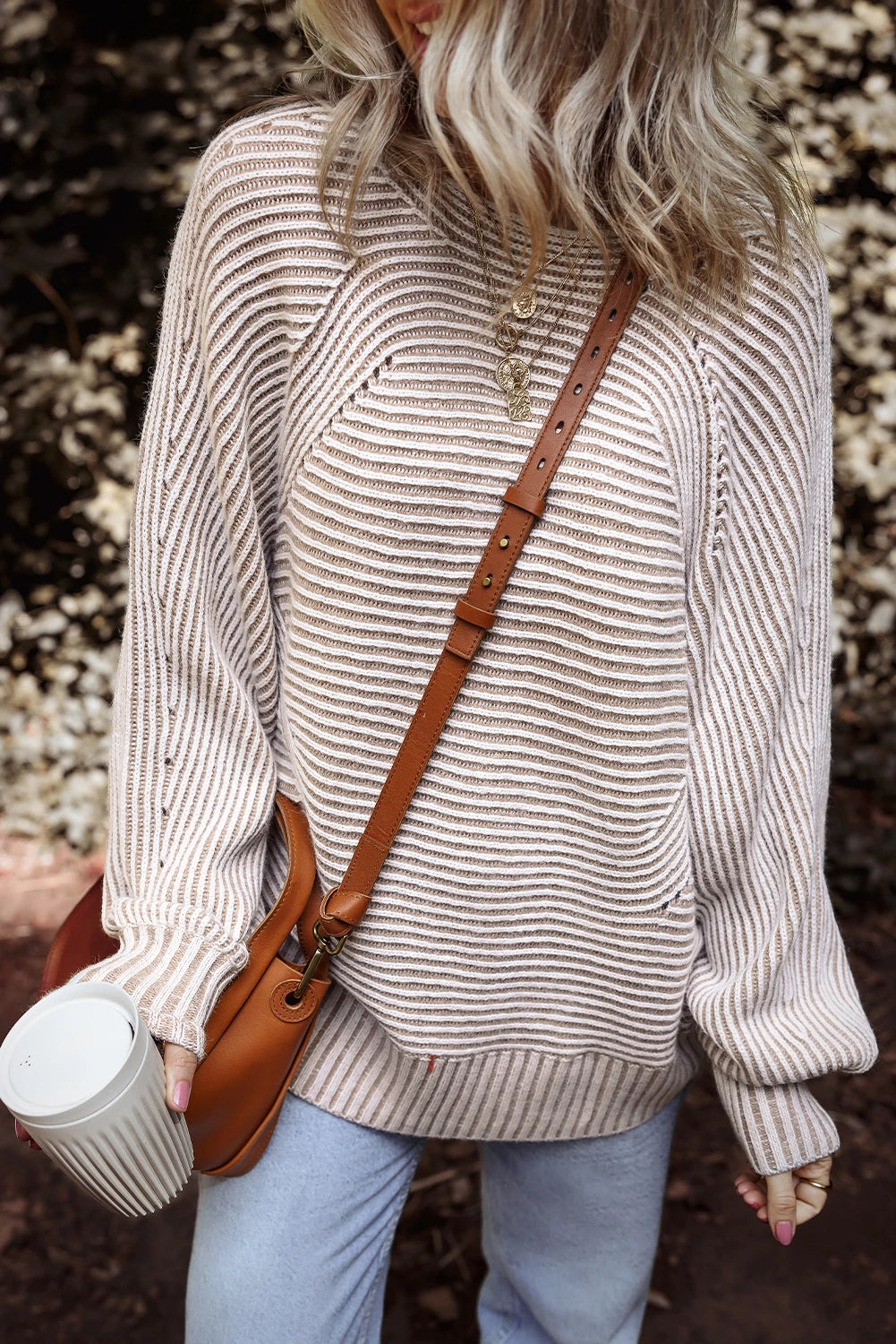 Ashleigh Blue Striped Print Ribbed Knit Boat Neck Baggy Sweater