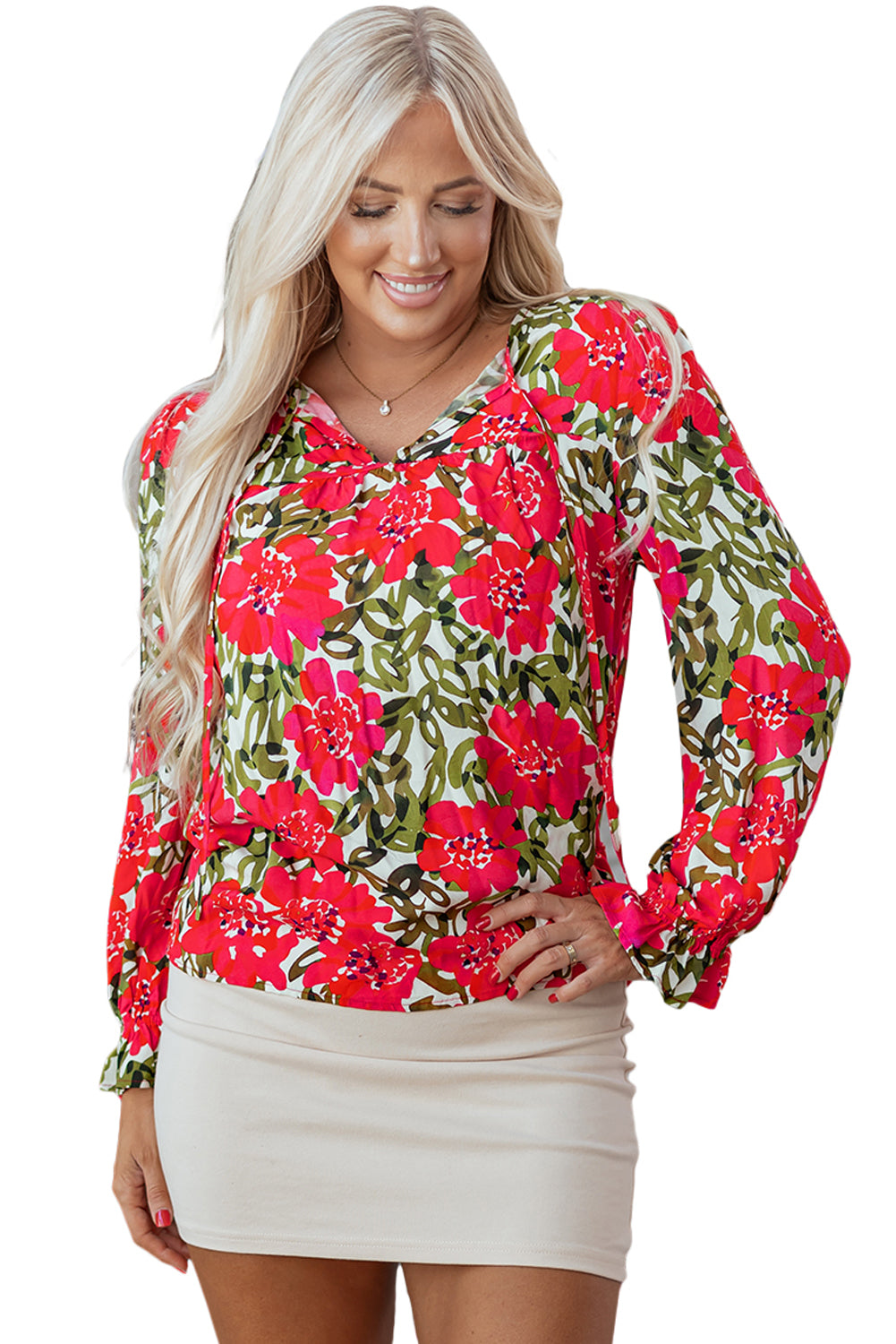 Red Floral Print Lace up V Neck Flounce Sleeve Blouse