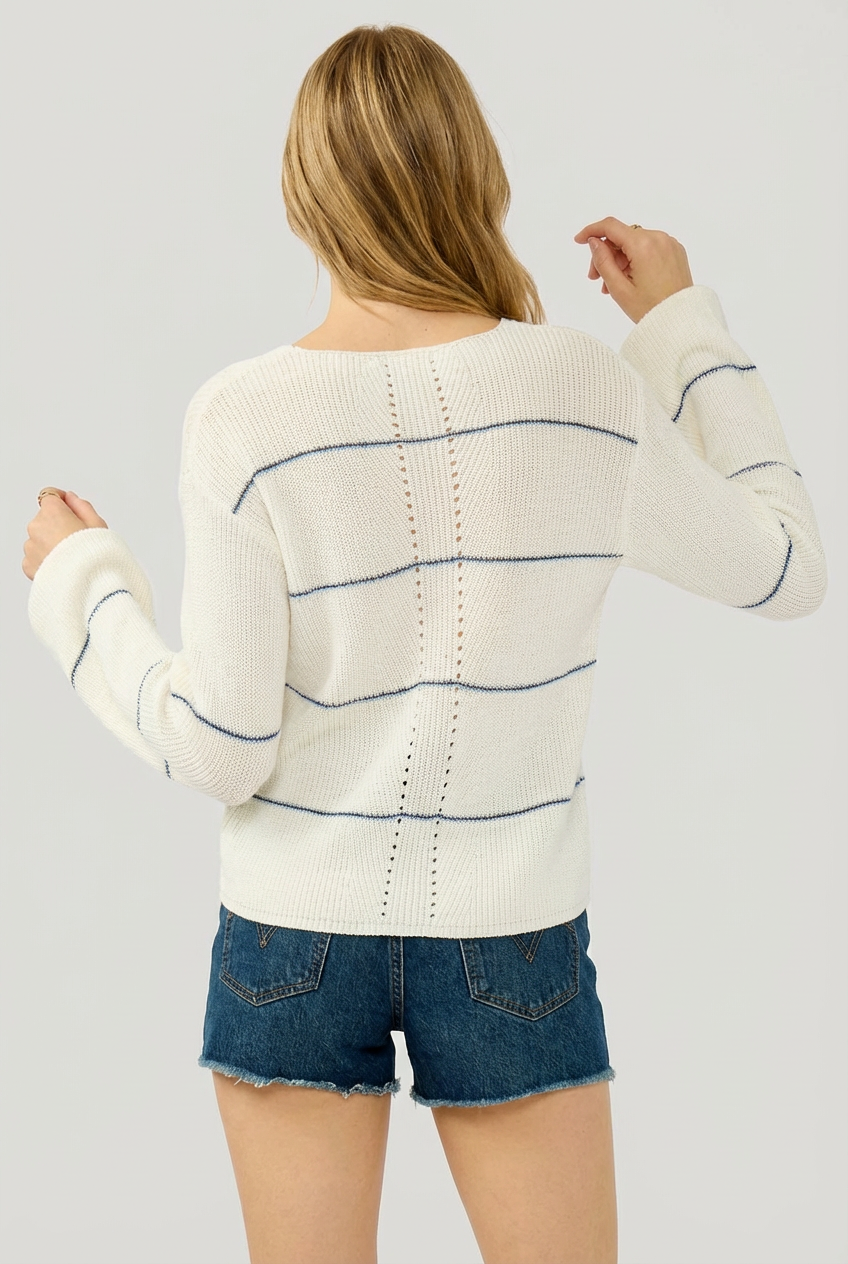 Lightweight Fuzzy Stripe V Neck Knit Sweater