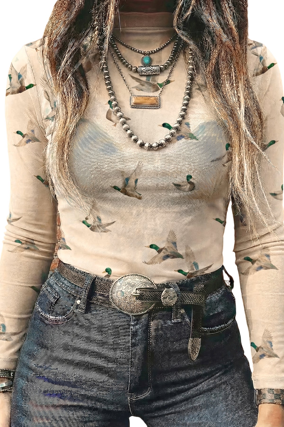 Western Duck Print Mesh Top Western High Neck Fitted