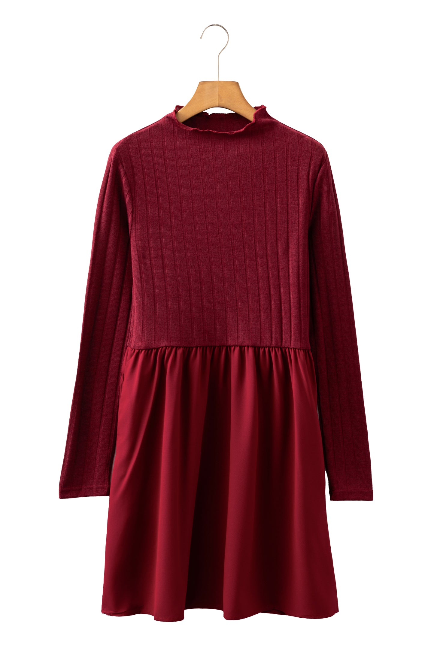 Black Frilled Neck Ribbed Knit Patchwork Long Sleeve Mini Dress