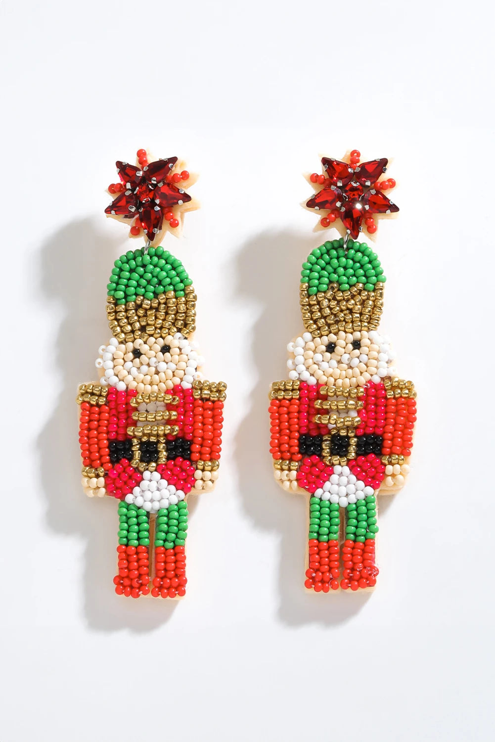Fiery Red Rhinestone Beaded Nutcracker Dangle Earrings