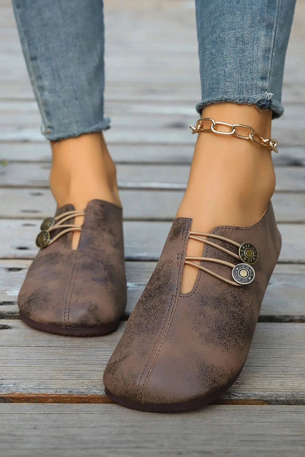 Coffee JEANS Button Detail Boho Vintage Faux Leather Loafer Shoes