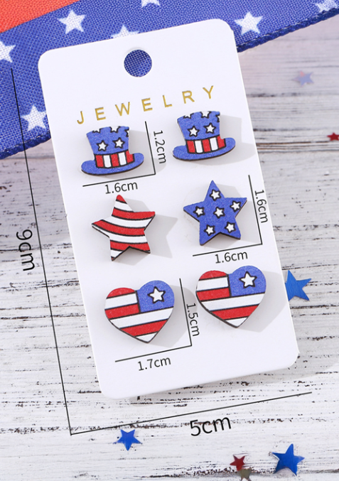 Dark Blue American Flag Hat Star Heart Stud Earrings