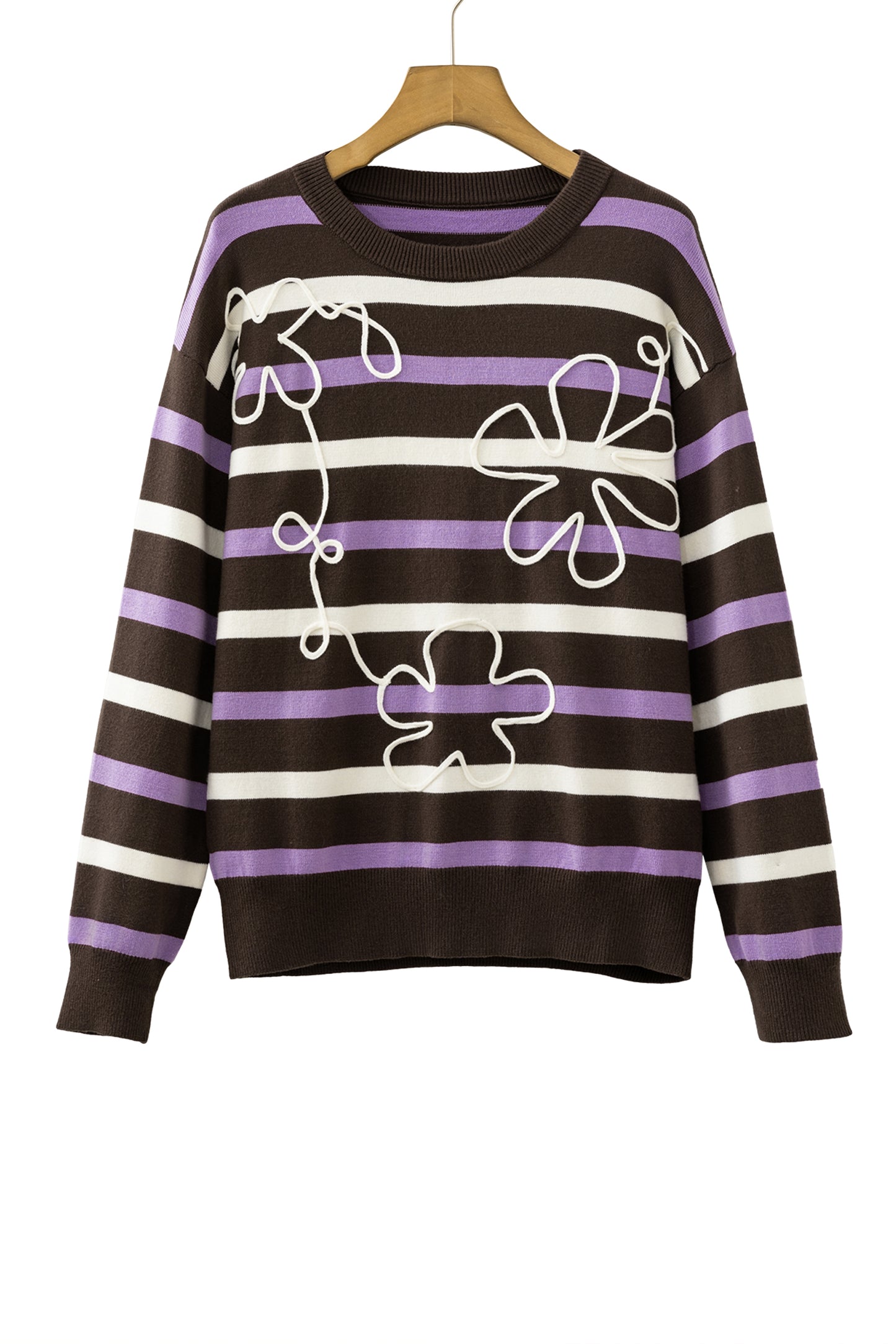Brown Stripe Embroidered Detail Drop Shoulder Pullover Sweater