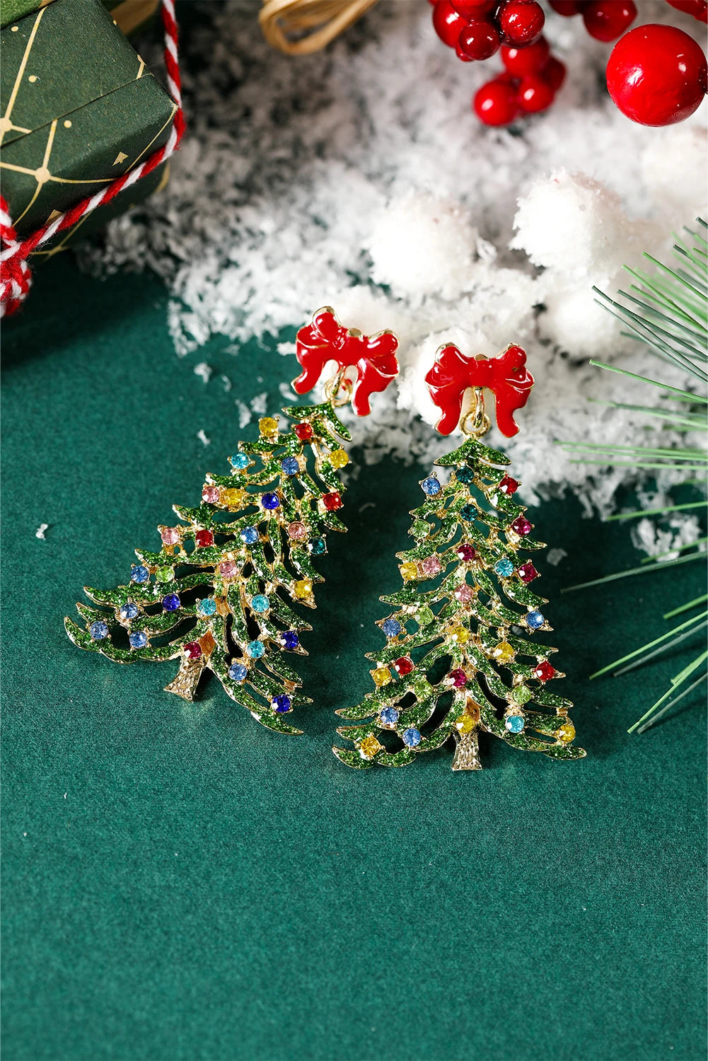 Gold Stunning Rhinestone Christmas Tree Bow Studded Earrings