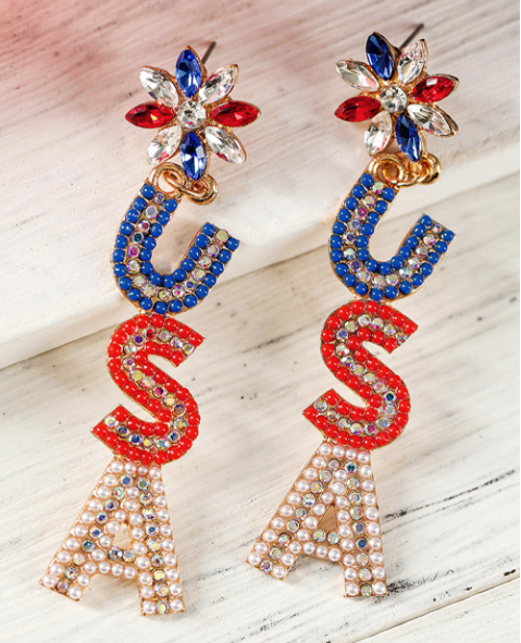 Fiery Red Beaded Rhinestone Colorblock USA Earrings