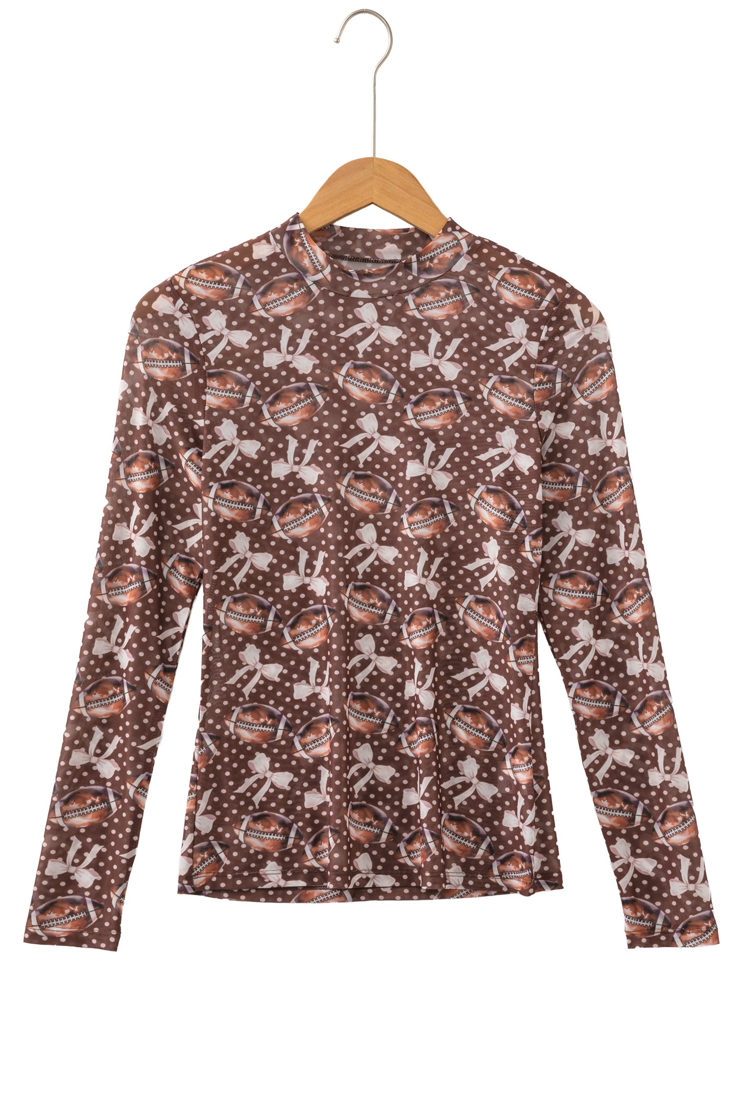 Brown Polka Dot Bow Printed Game Day Vibes Mesh Long Sleeve Top