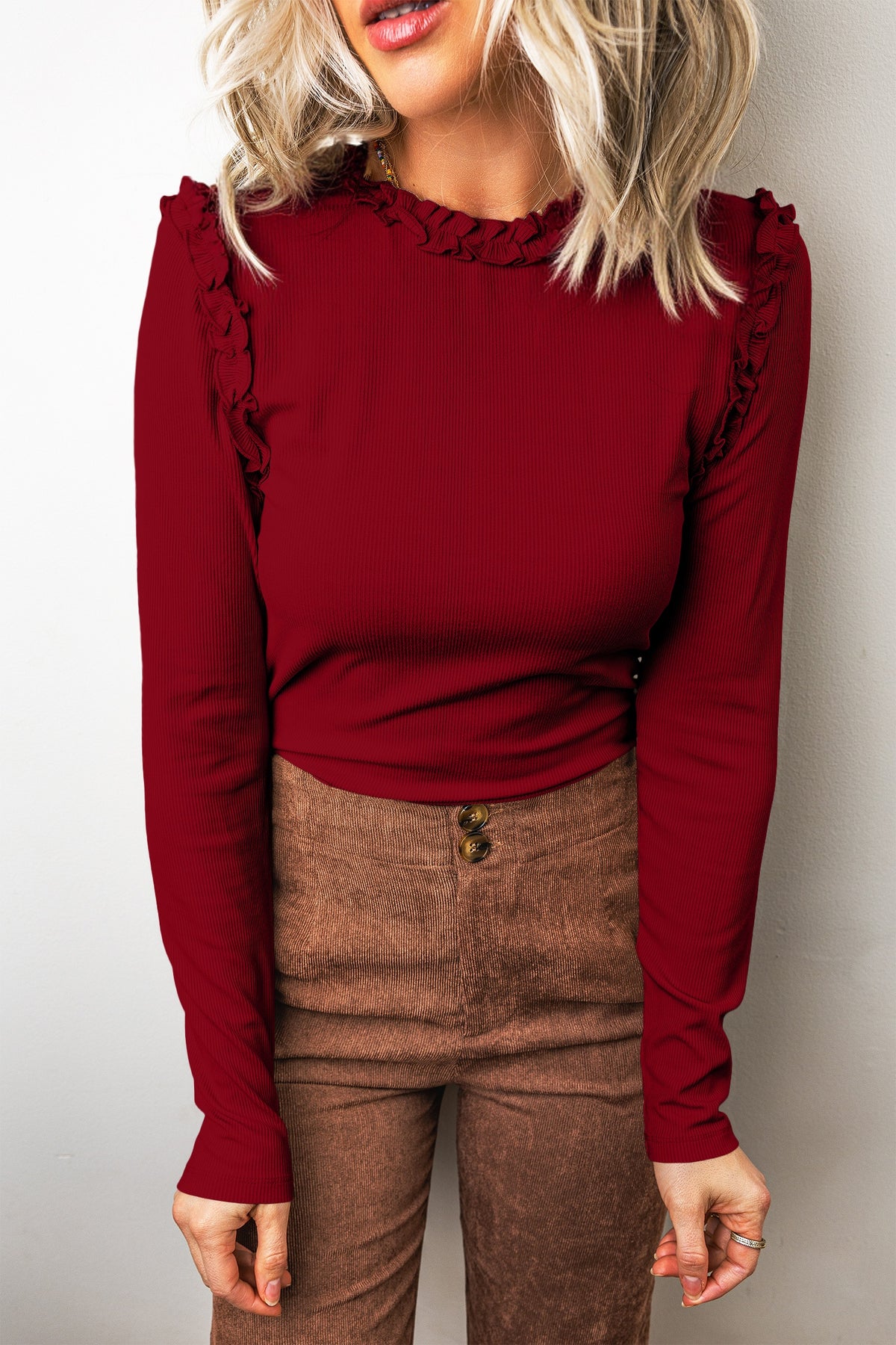 Beige Solid Color Round Neck Frill Detail Long Sleeve Top