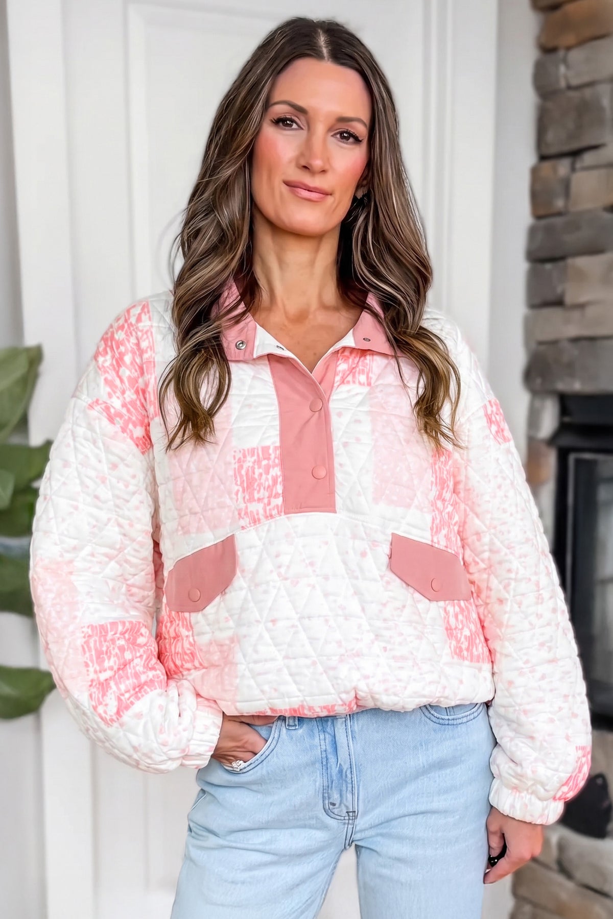 Pink Floral Quilted Half Button Pocketed Pullover Sweatshirt