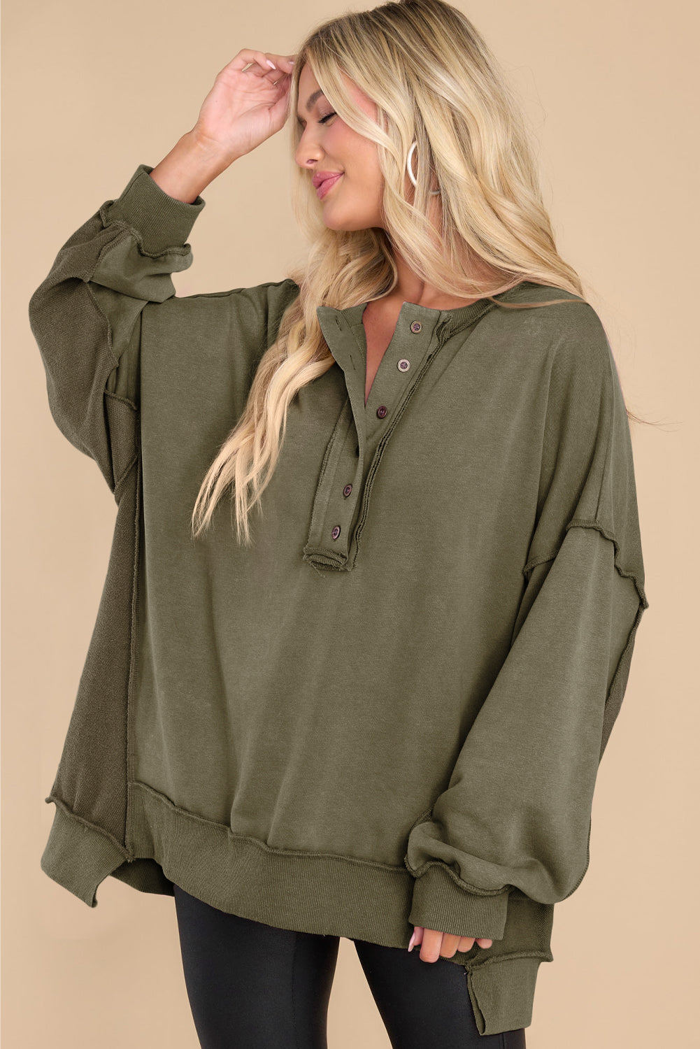 Oversized Exposed Seam Henley Casual Sweatshirt