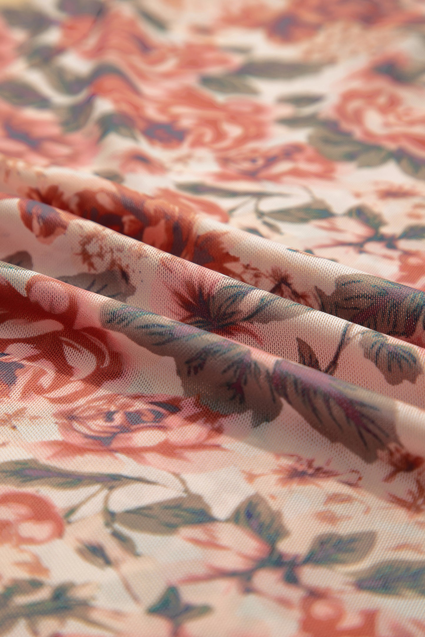 Black Retro Floral Print Mock Neck Mesh Long Sleeve Top