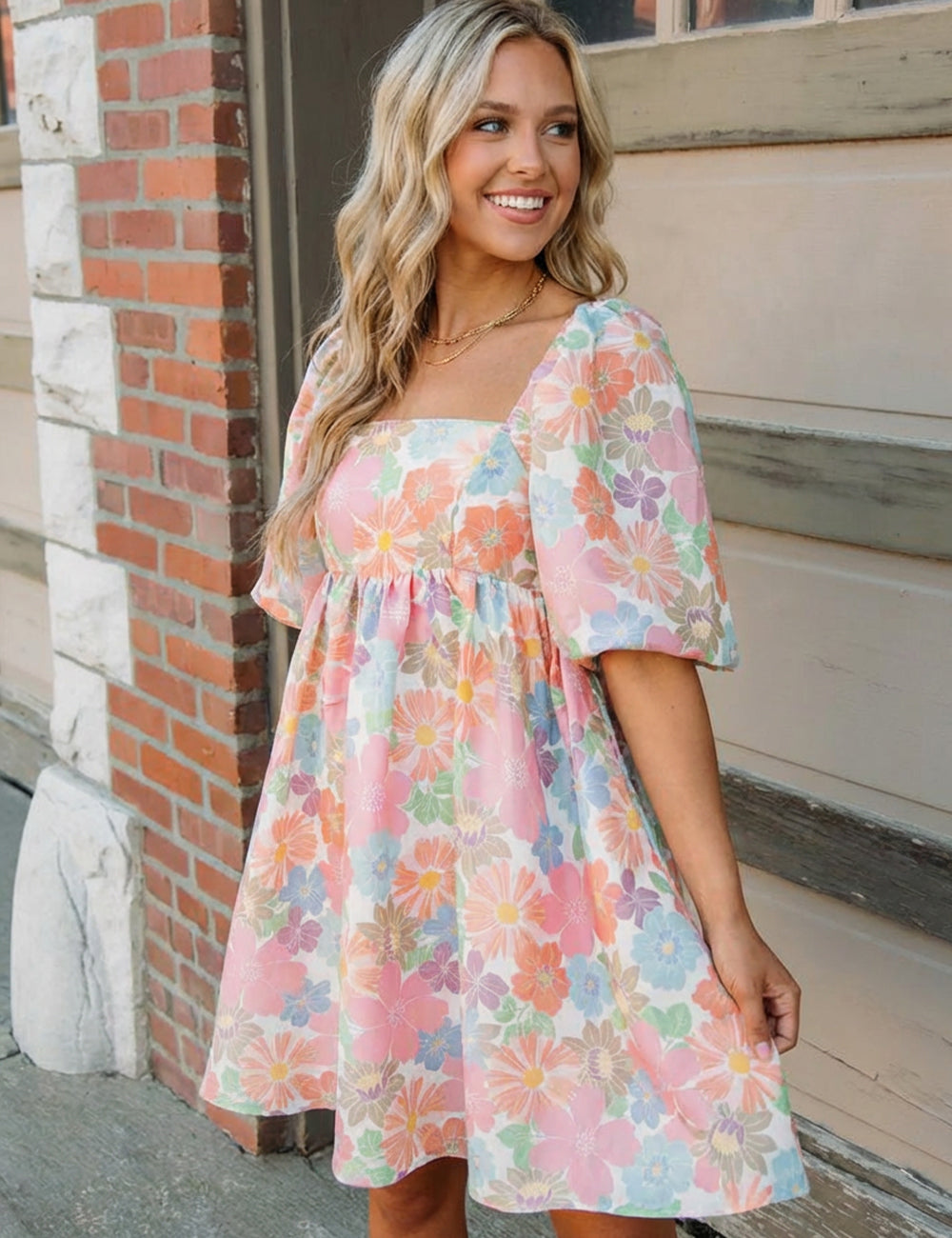 Women's Summer Floral Square Neck Puff Sleeve Babydoll Dress