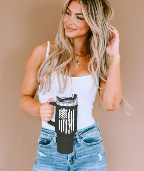 Black American Flag Print Stainless Steel Portable Cup with Handle 40oz