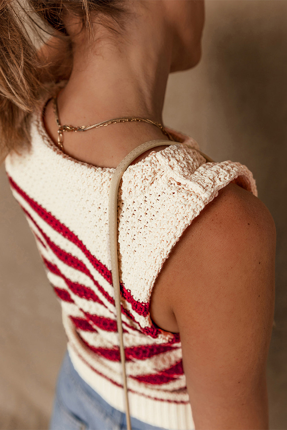 Red Stripe Textured Knit Ribbed Hem Sweater Tank Top