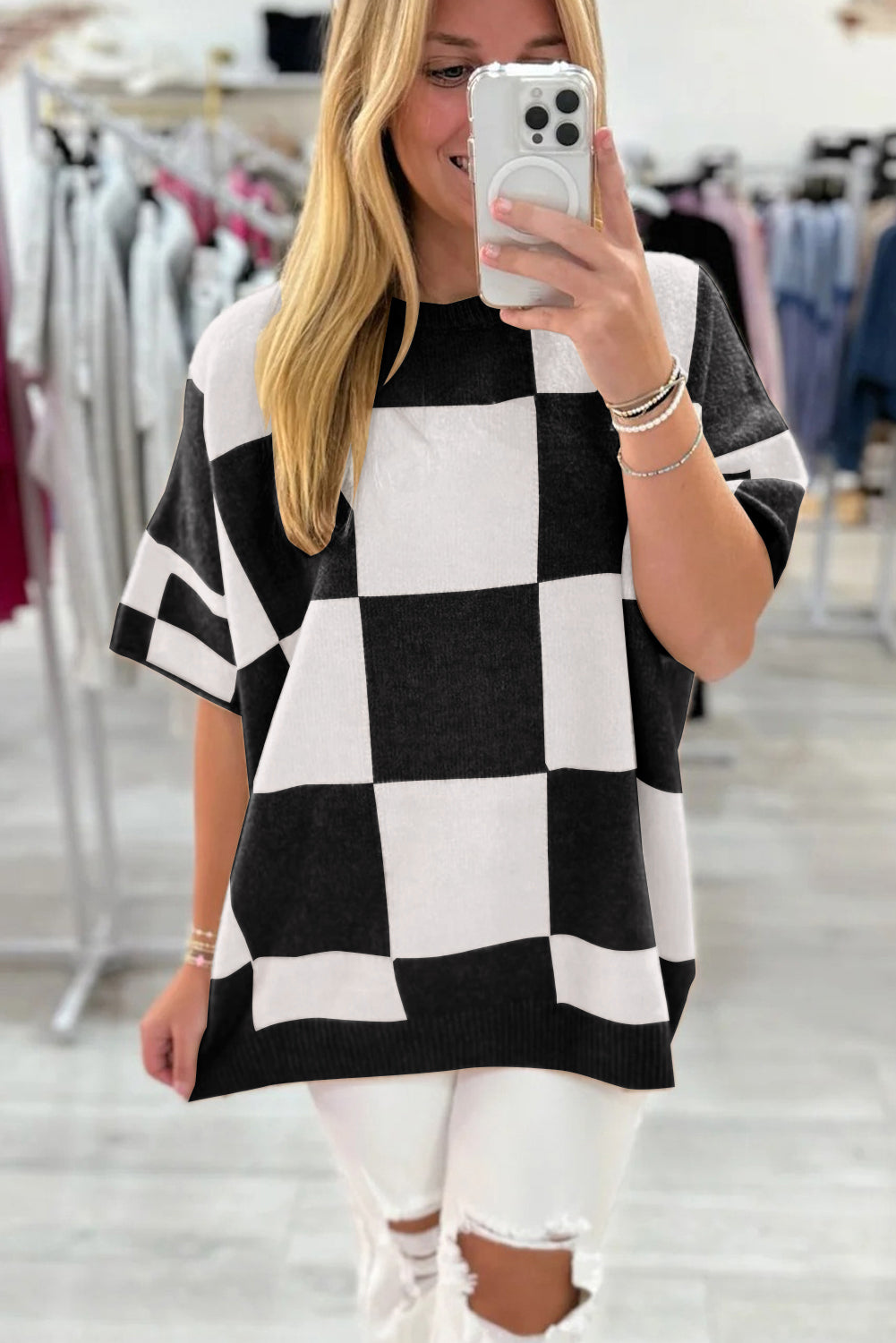 Checkered Pattern Loose Drop Shoulder Half Sleeve Sweater