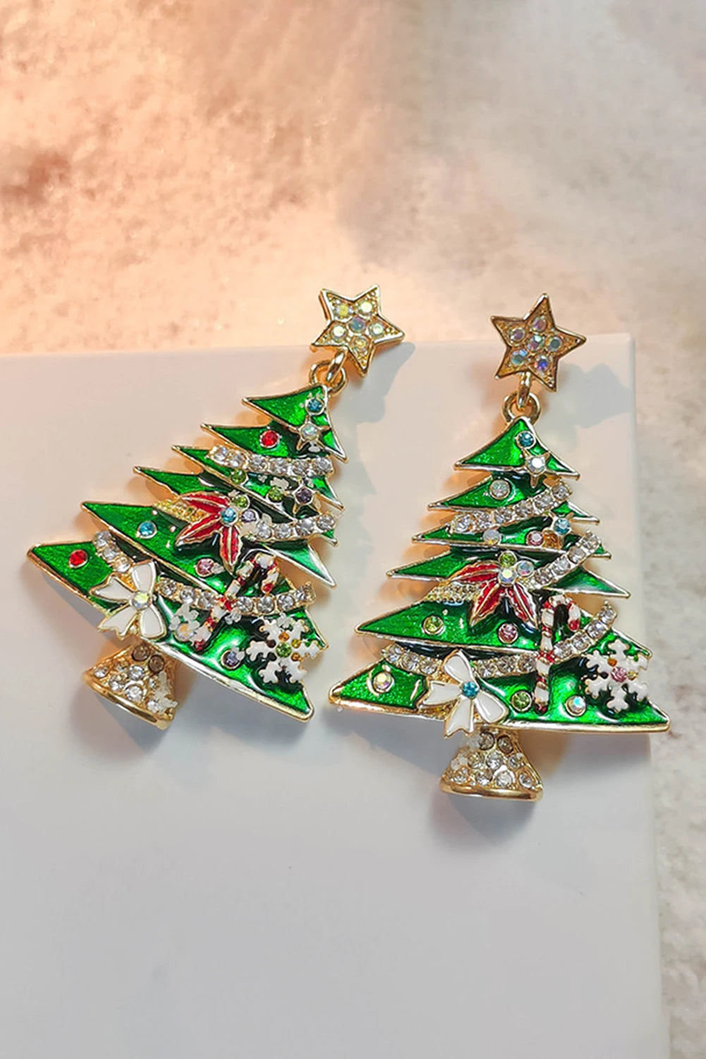 Bright Green Rhinestone Embellished Star Christmas Tree Earrings