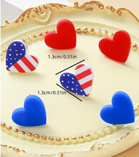 Fiery Red American Flag Print Heart Shape Stud Earrings Set
