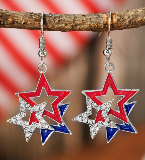 Fiery Red American Flag Rhinestone Star Dangle Earrings