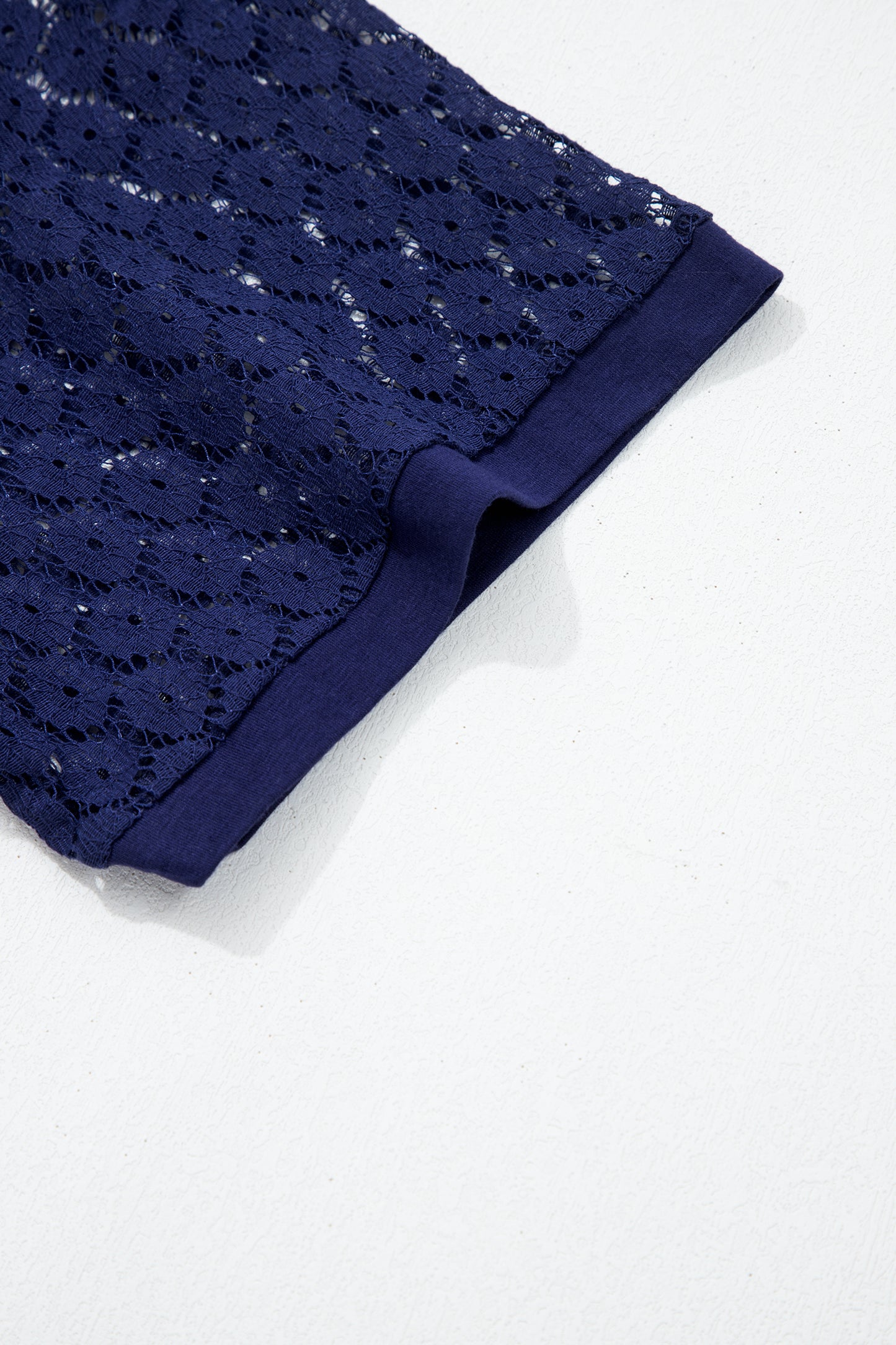 Navy Blue Plus Size Solid Color Lace Short Sleeve Pleated Swing Dress