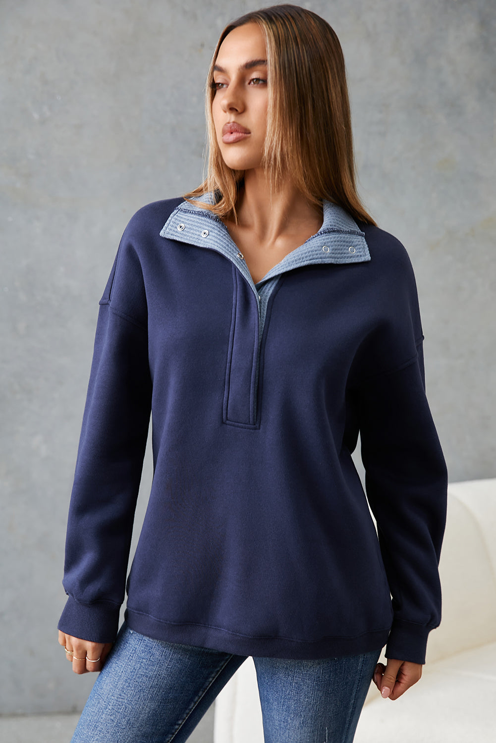 Dirty blue Drop Shoulder Metal Button Casual Pullover Sweatshirt