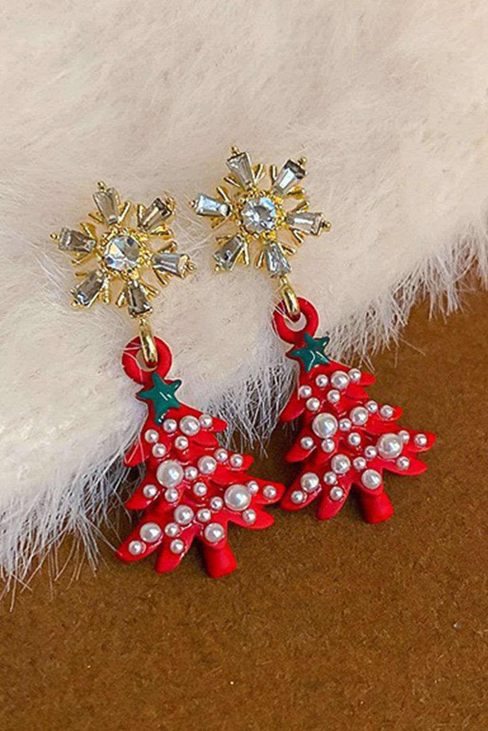 Fiery Red Pearl Embellished Christmas Tree Gem Snowflake Earrings