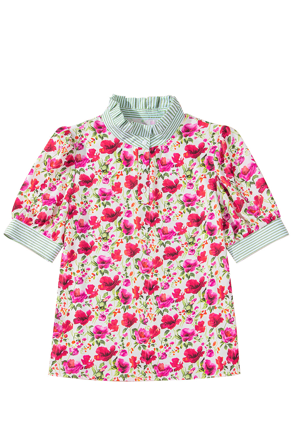Red Floral Print Striped Patchwork Collared Short Sleeve Blouse