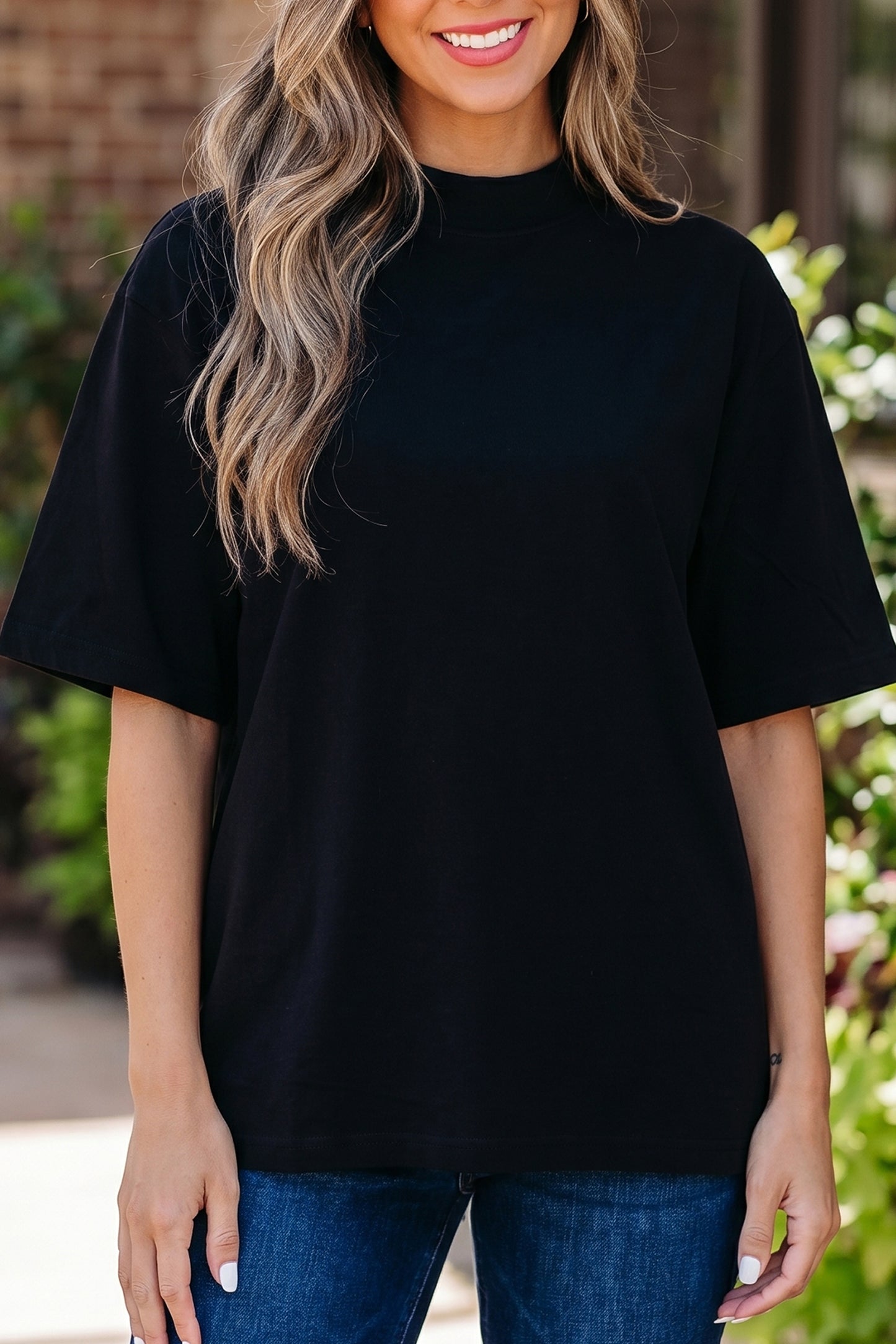 Solid Cotton Tee High Neck Oversized Casual Top